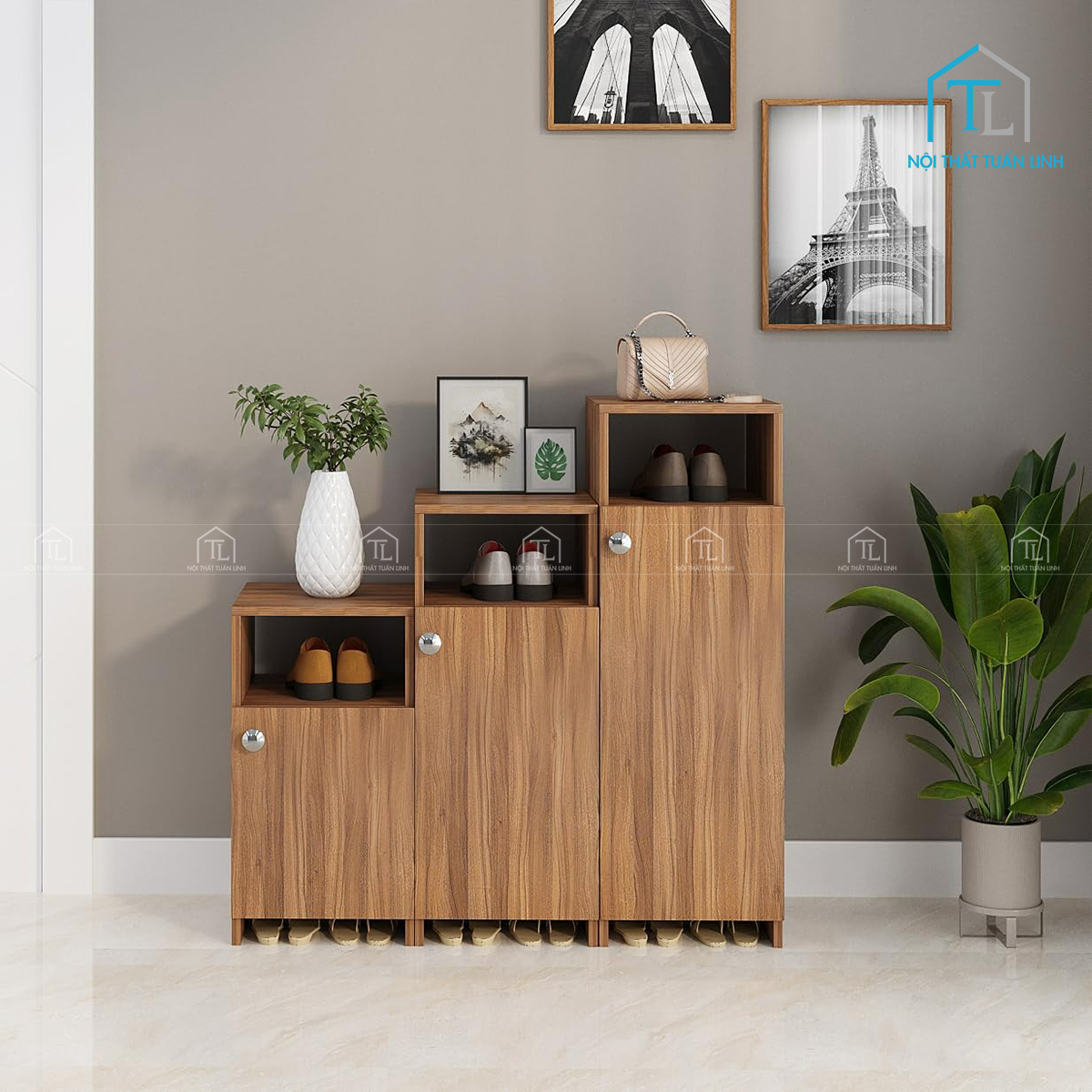 Tổng thể tủ giày dép 12 ngăn màu vân gỗ Teak