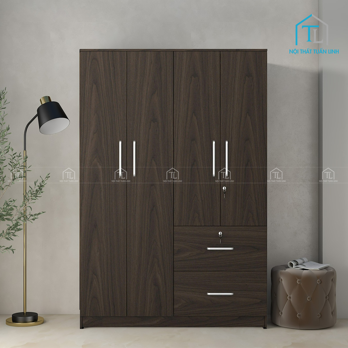 tủ quần áo 2 cánh màu óc chó hiện đại