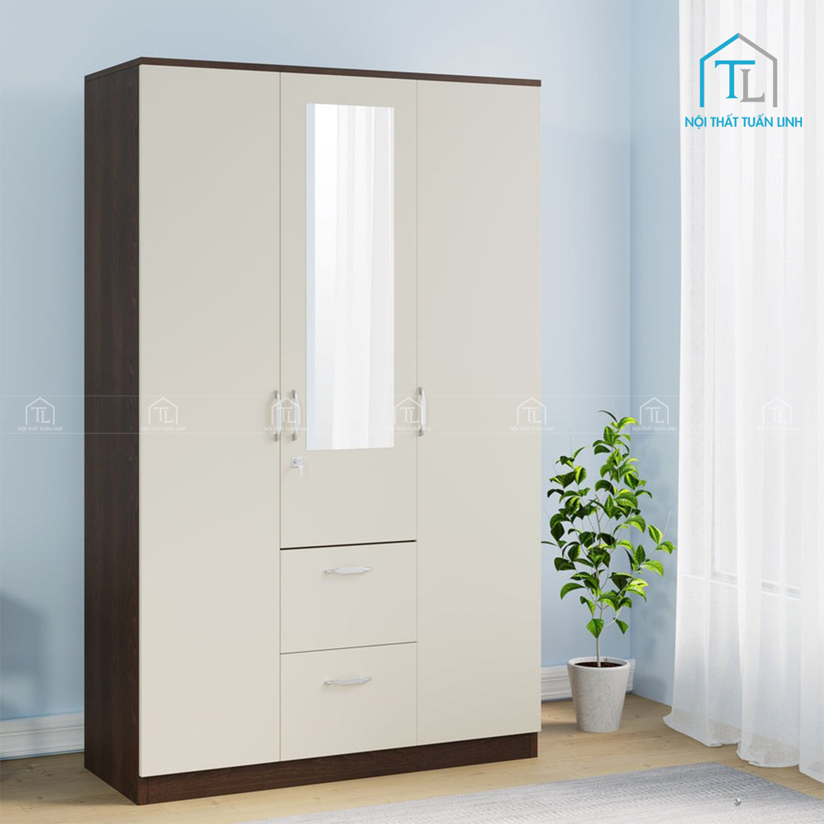 Tổng thể tủ quần áo 3 cánh màu walnut trắng hiện đại