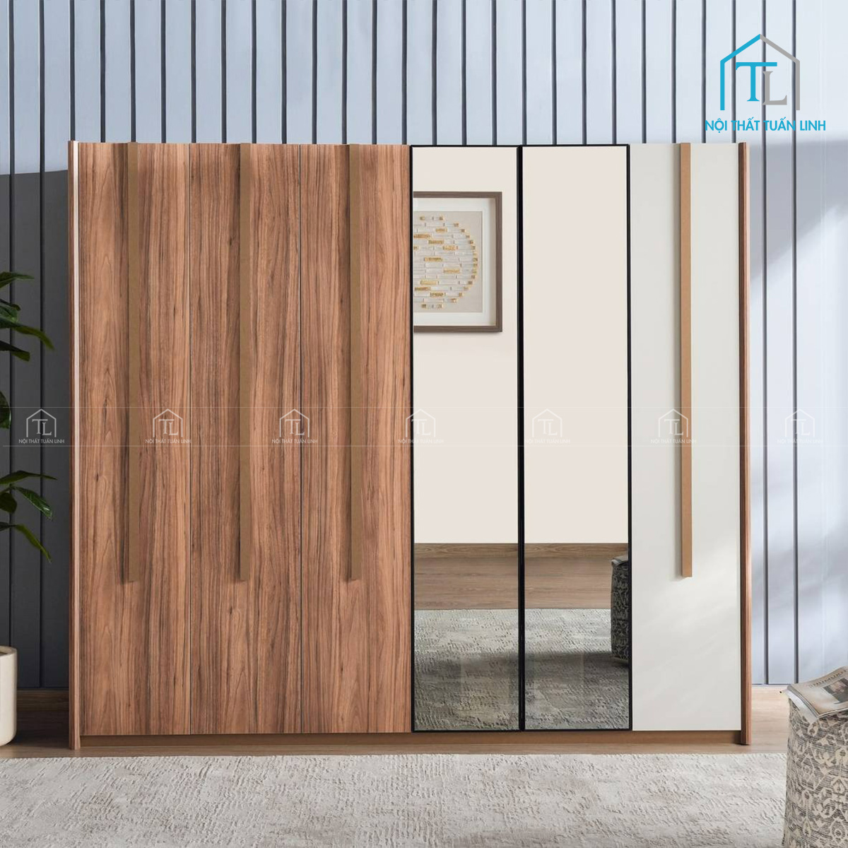Tổng thể tủ quần áo 6 cánh màu be phối vân gỗ walnut