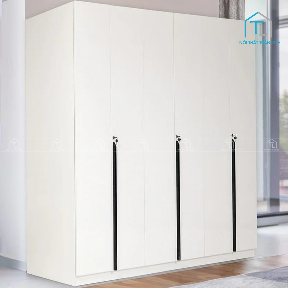 Tổng thể tủ quần áo 6 cánh sơn bóng trắng