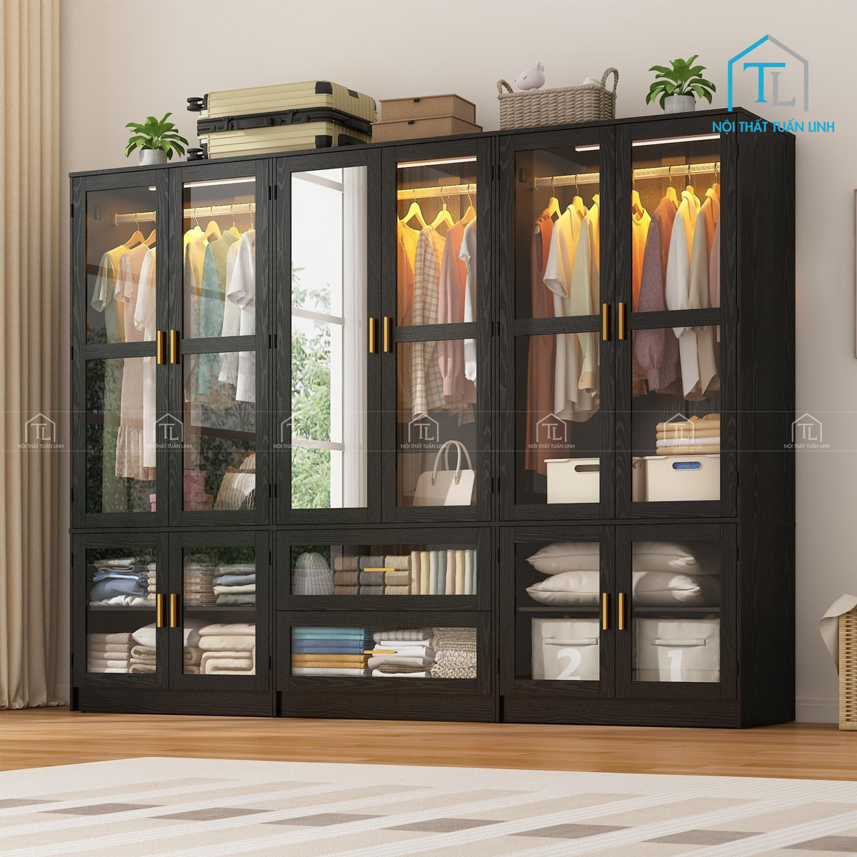 Thiết kế tủ quần áo 6 cánh kính hiện đại