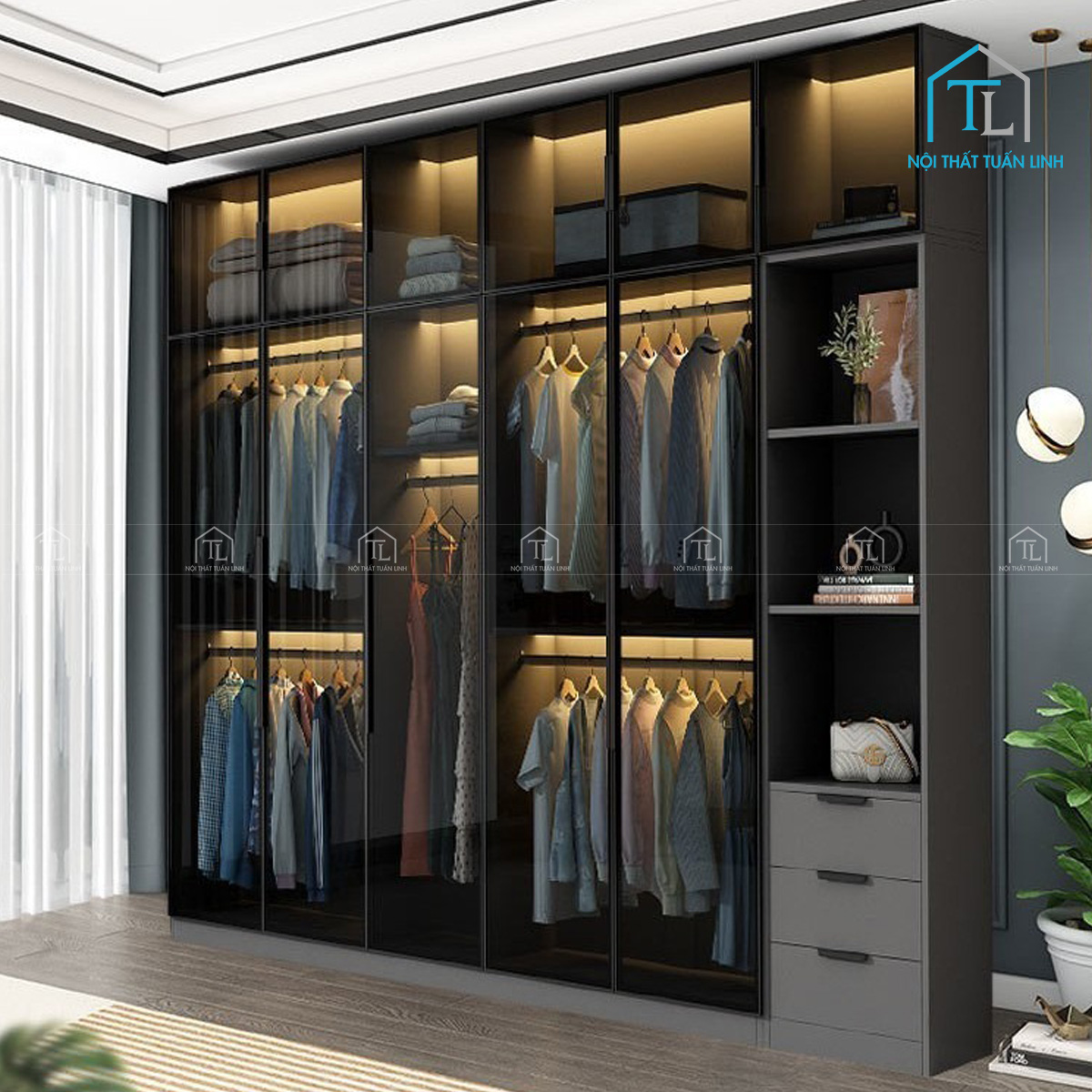 Tổng thể tủ quần áo cánh kính 6 cánh phong cách hiện đại