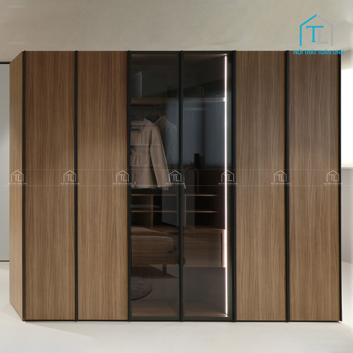Tủ quần áo cánh kính màu nâu khói vân gỗ óc chó sang trọng