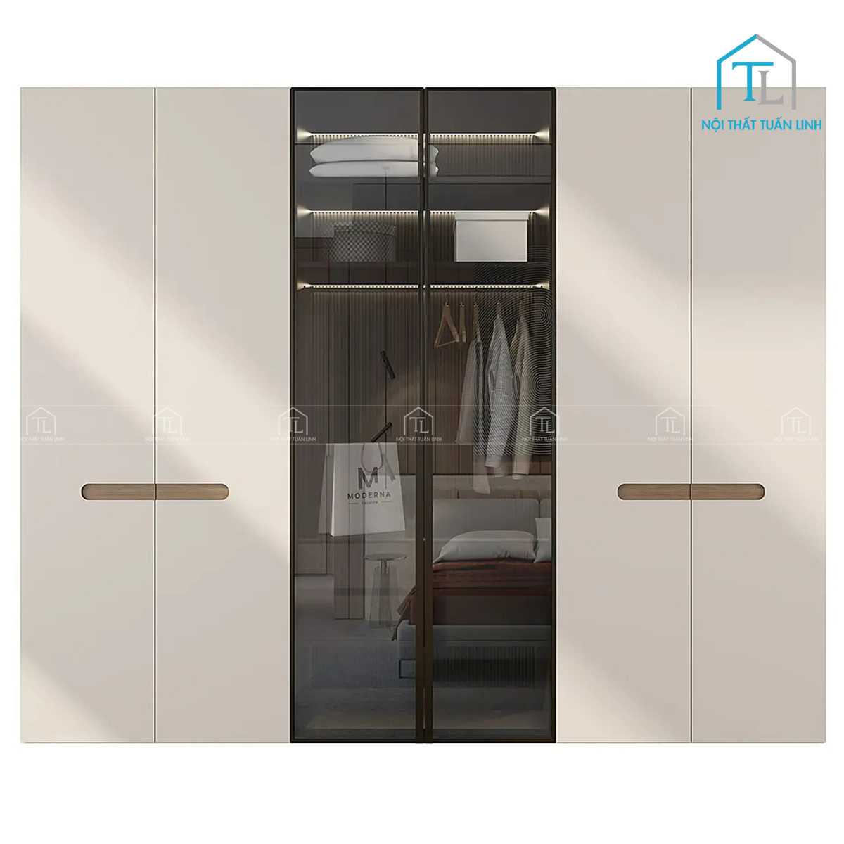 Thiết kế tổng thể hiện đại với sự kết hợp giữa gỗ và kính tối màu