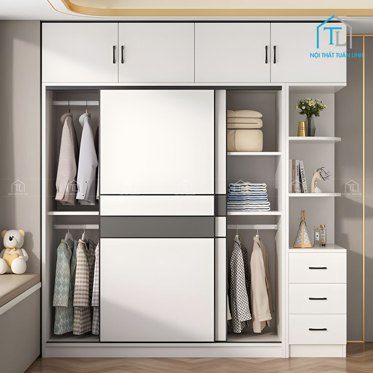 Tổng thể tủ quần áo cửa lùa màu trắng hiện đại