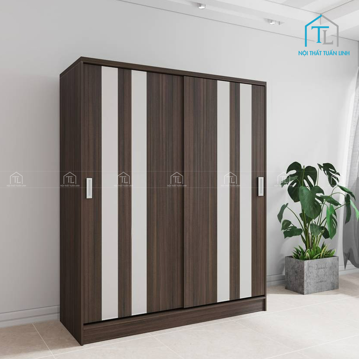 Tủ quần áo cửa lùa gỗ MDF màu óc chó hiện đại