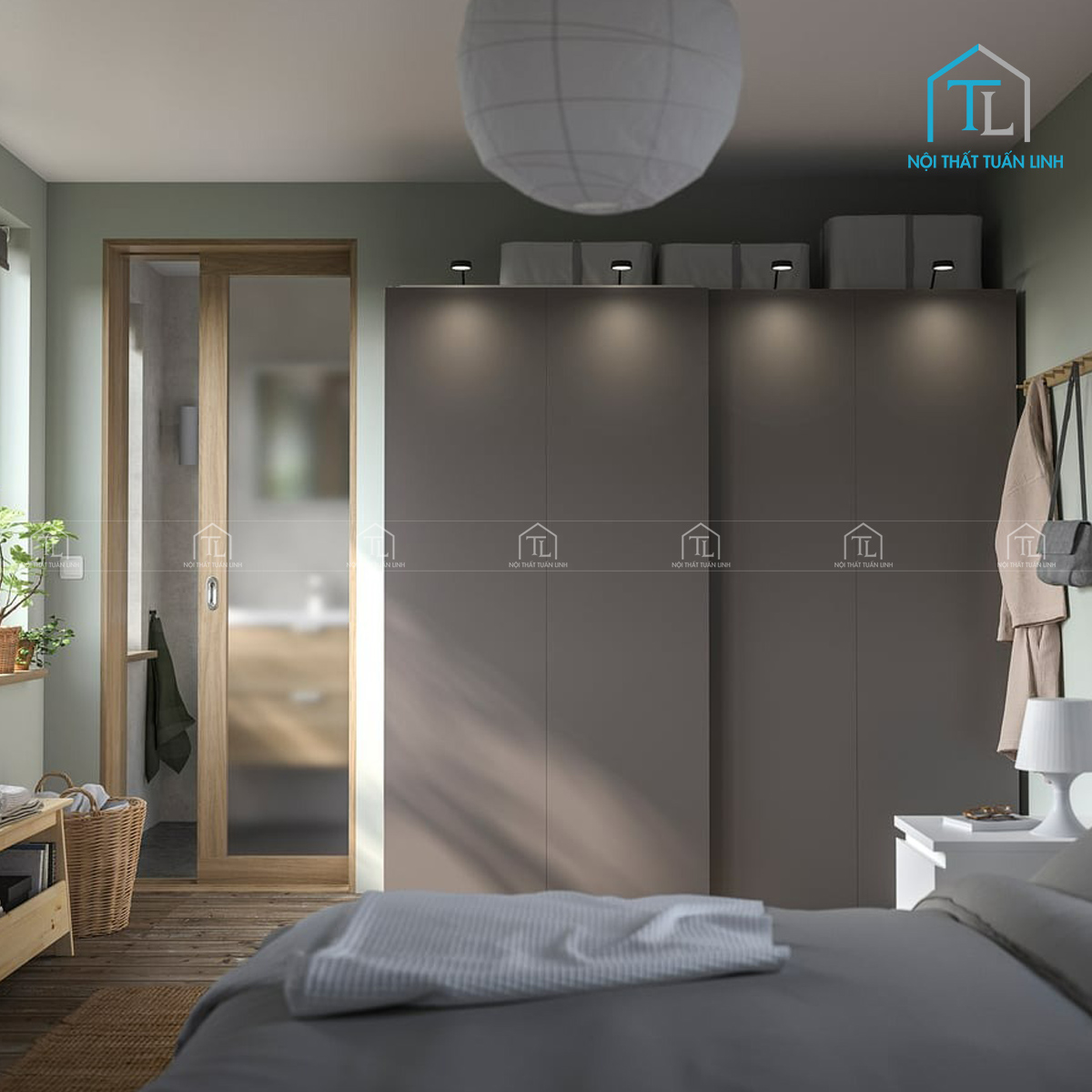 Tủ quần áo cửa lùa gỗ MDF màu xám đậm hiện đại