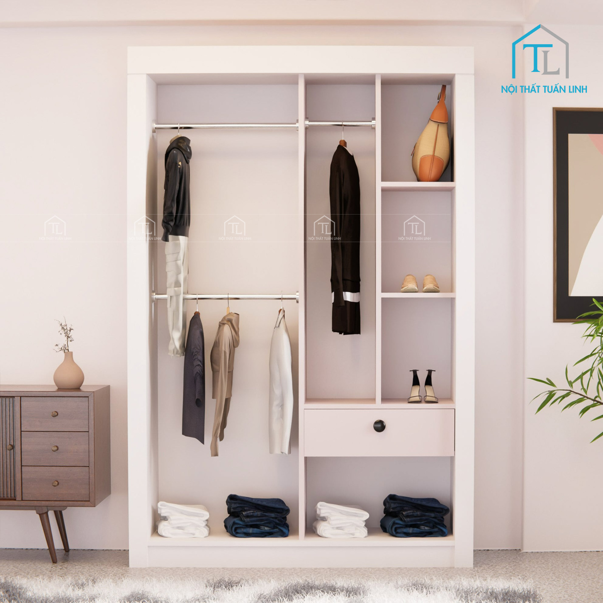 Thiết kế nhiều ngăn, thanh treo và ngăn kéo hợp lý