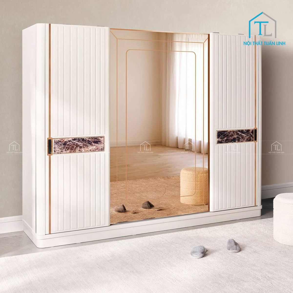 Tổng thể tủ quần áo cửa lùa gương màu kem