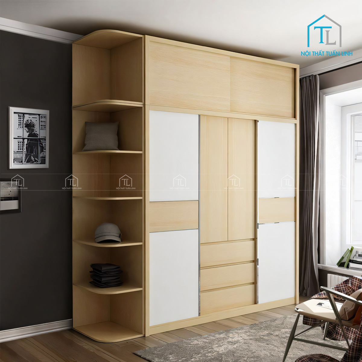 Tổng thể tủ quần áo cửa lùa phong cách Bắc Âu