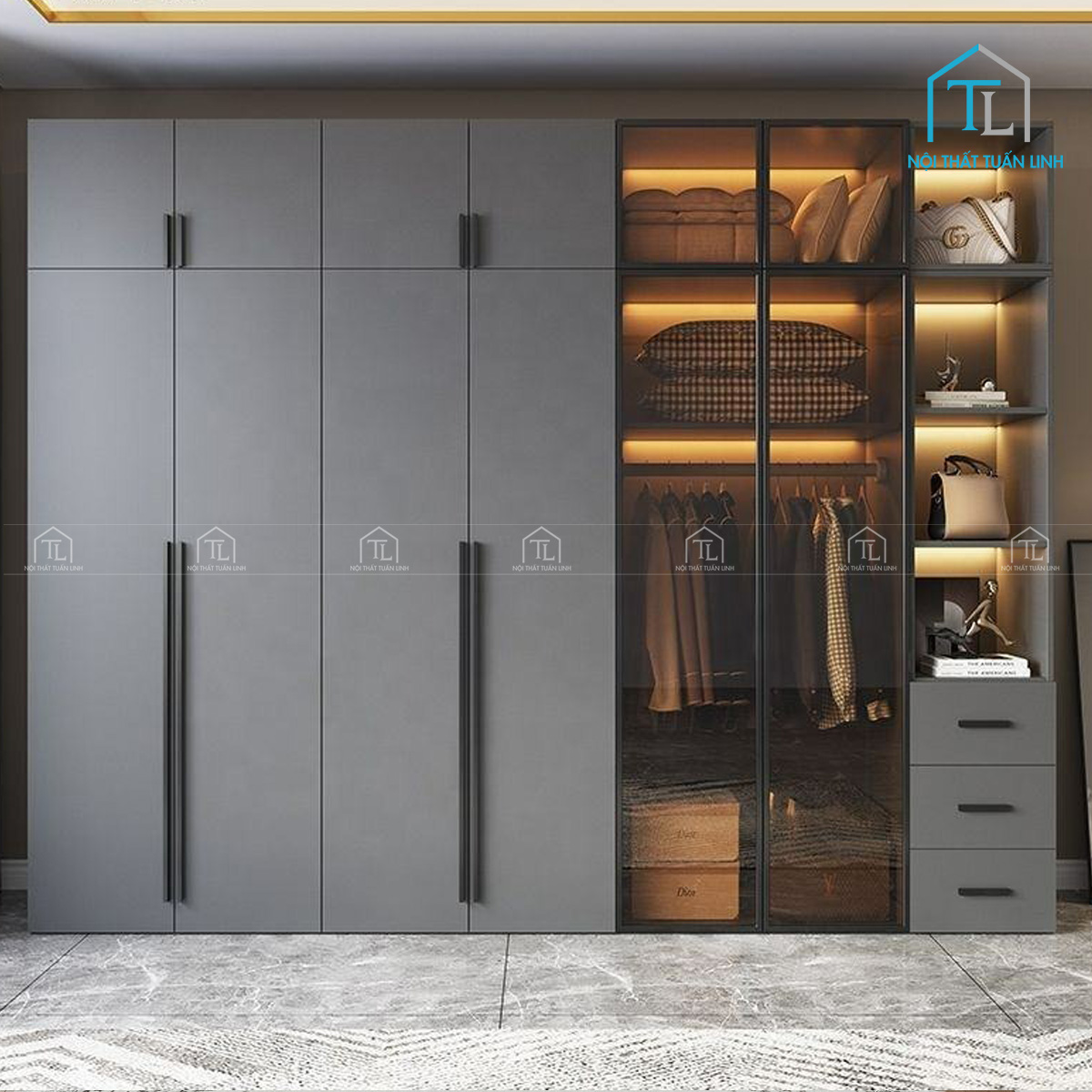Tủ quần áo gỗ MDF cánh kính màu xám hiện đại