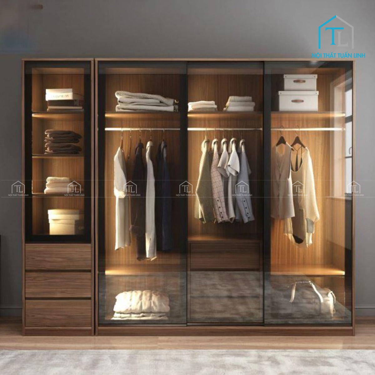 Tủ quần áo gỗ MDF cánh kính trượt thanh lịch