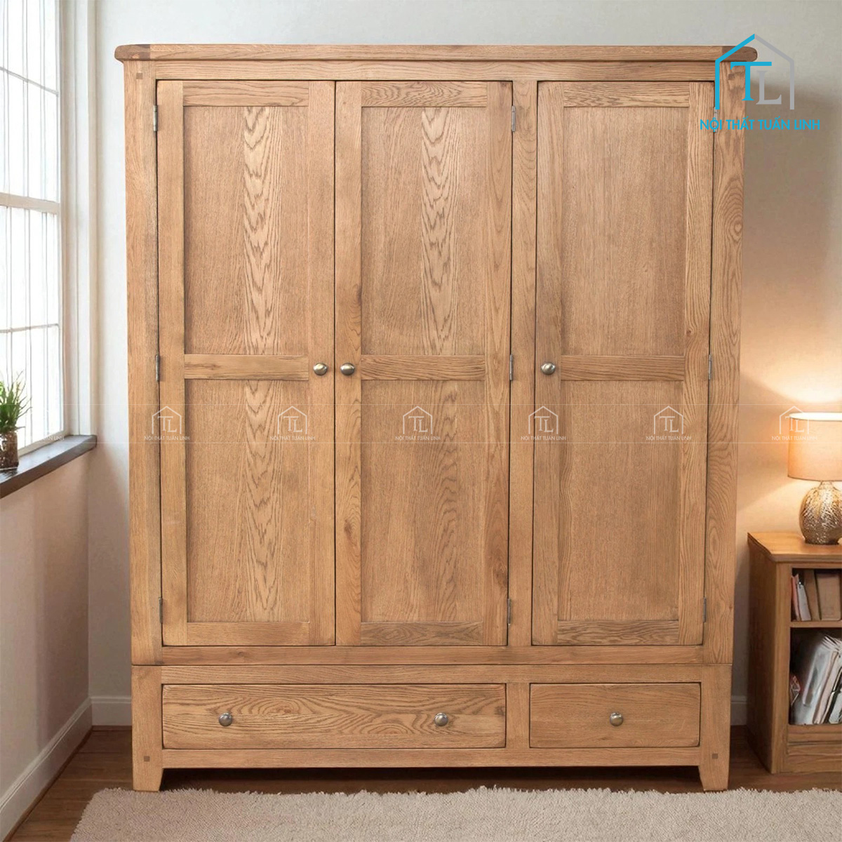 Tổng thể tủ quần áo gỗ sồi 3 cánh