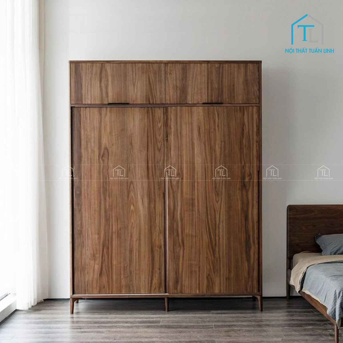Tổng thể tủ quần áo gỗ tự nhiên cánh lùa hiện đại
