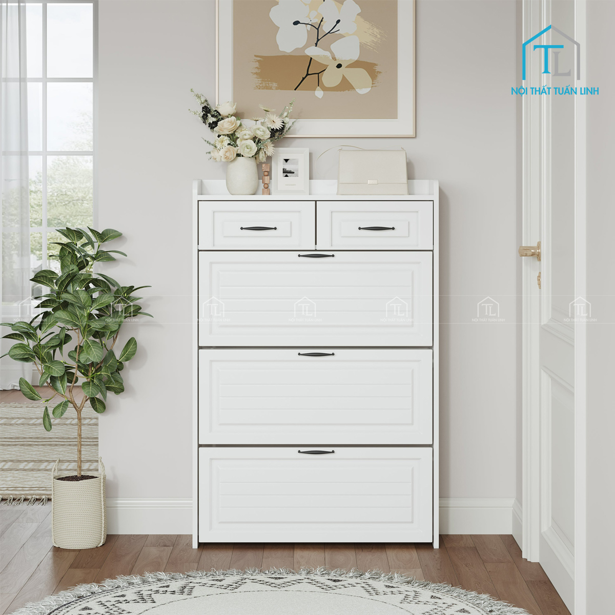 Tủ giày thiết kế gọn gàng, đóng kín giúp không gian luôn ngăn nắp
