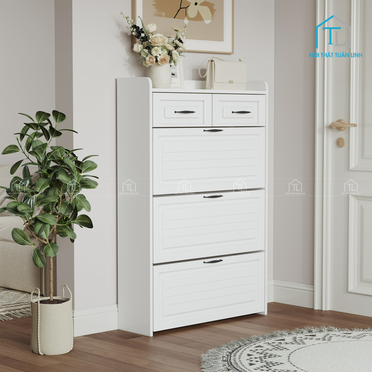 Tủ giày đứng 3 cánh 2 ngăn kéo, bố cục cân đối, phù hợp đặt tại lối vào