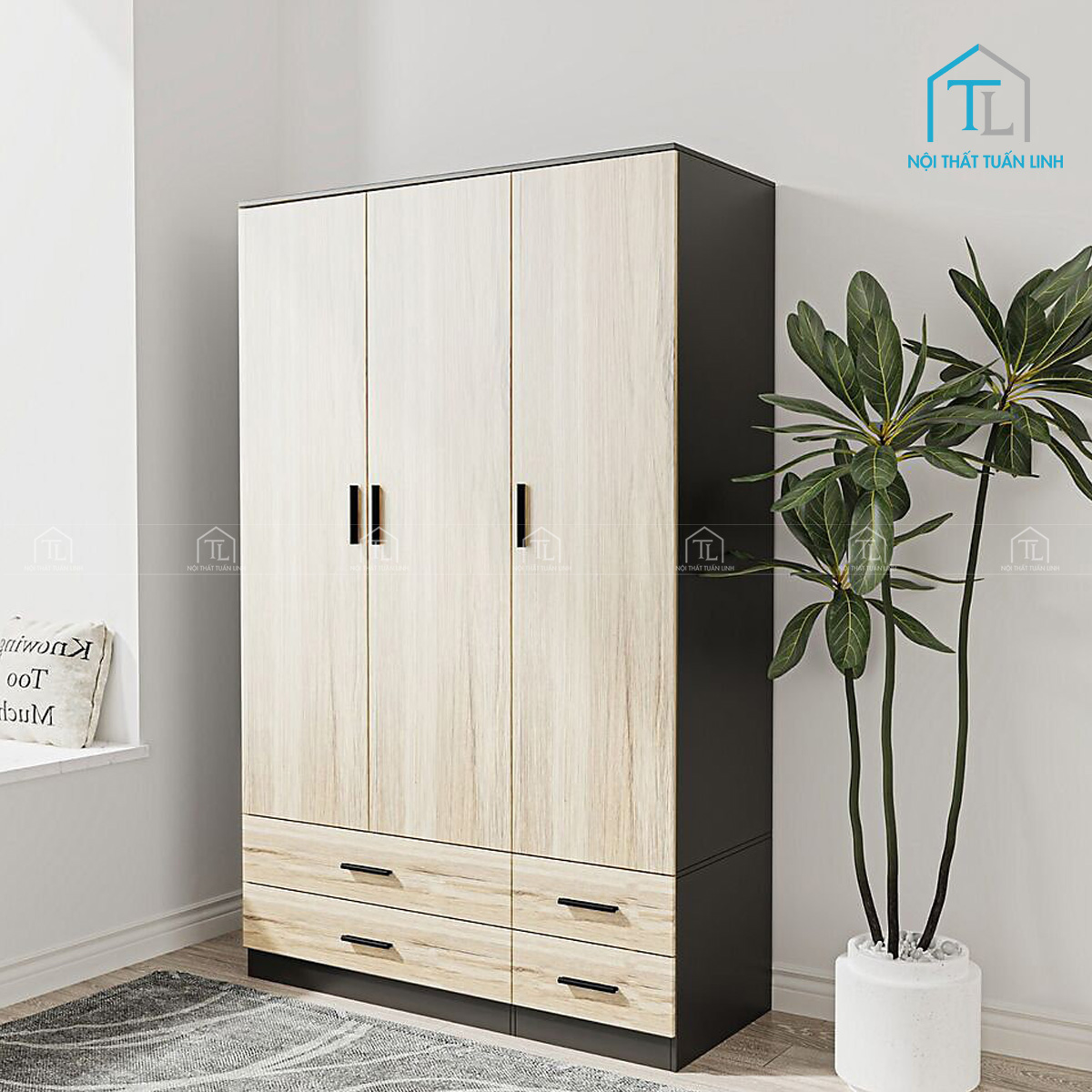Tủ quần áo 3 cánh phối màu Oak – đen hiện đại
