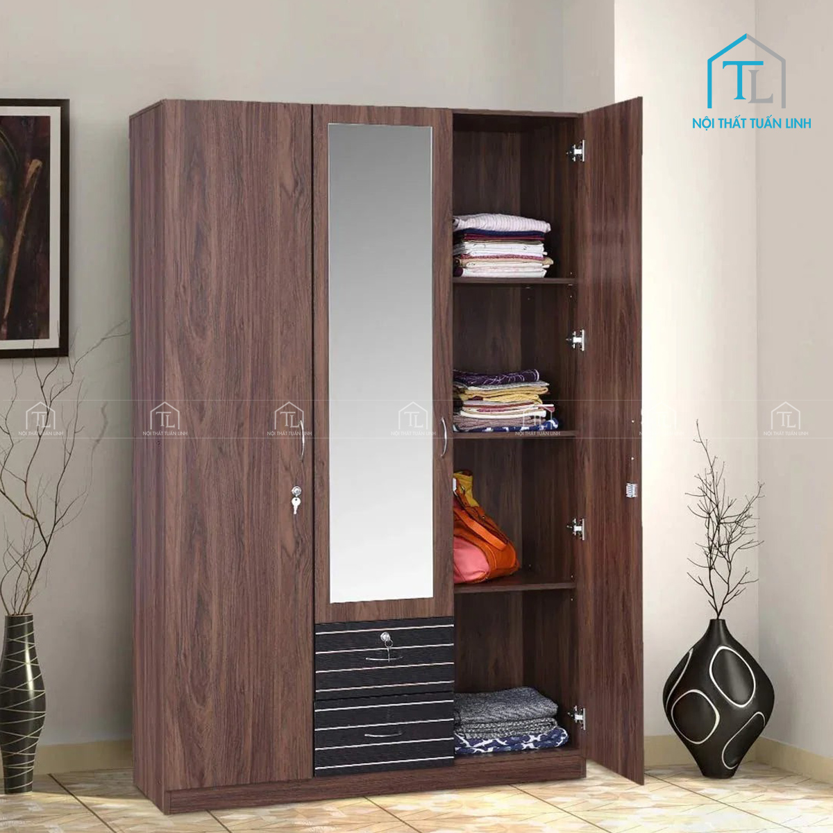 Tủ quần áo 3 cánh thiết kế hiện đại, kiểu dáng gọn gàng