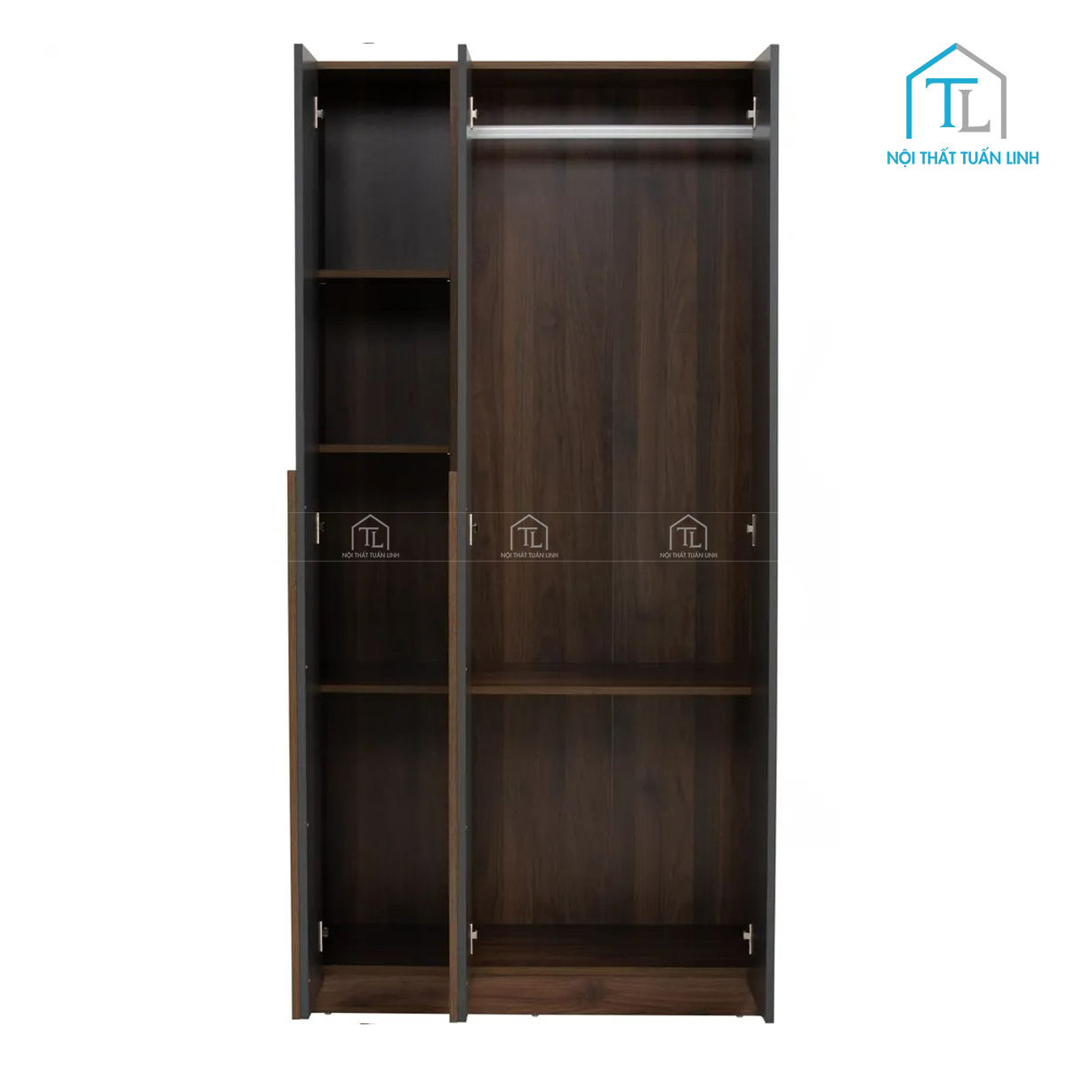 Tủ được trang bị 1 thanh treo quần áo cùng 6 ngăn kệ bên trong