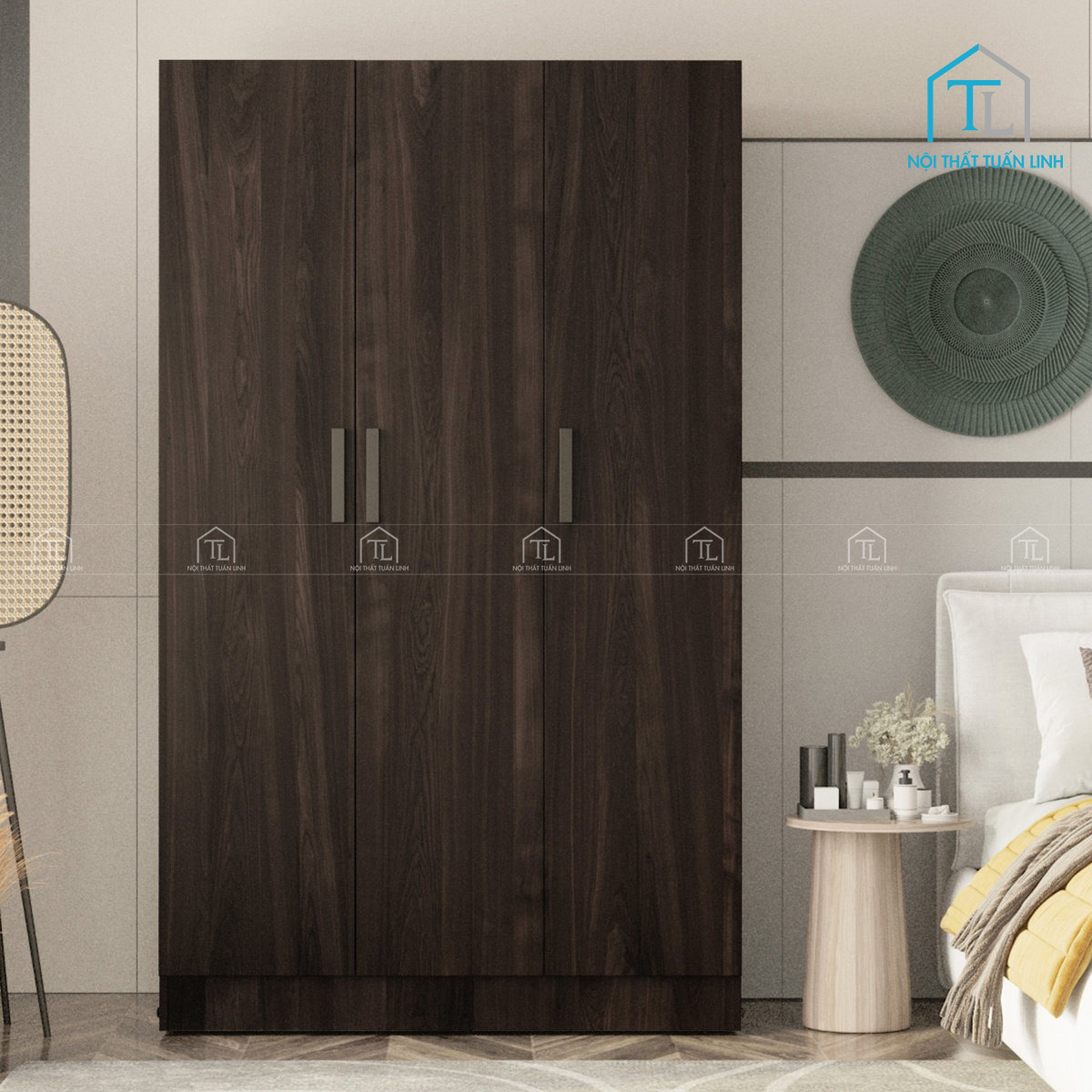 Tổng thể tủ quần áo 3 cánh thiết kế hiện đại, gọn gàng