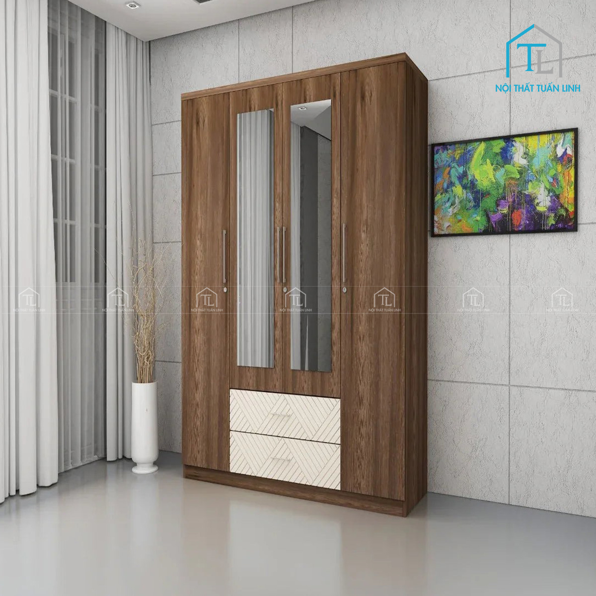 Tủ quần áo 4 cánh thiết kế hiện đại, tích hợp gương soi tiện lợi