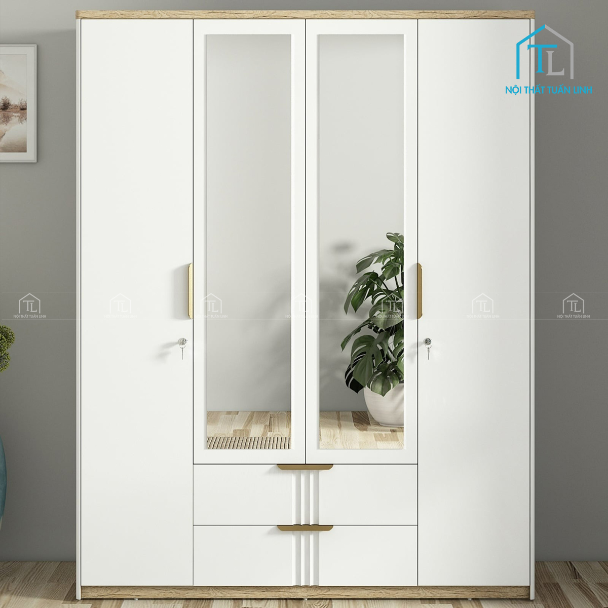Thiết kế tủ quần áo 4 cánh hiện đại, màu trắng bóng sang trọng