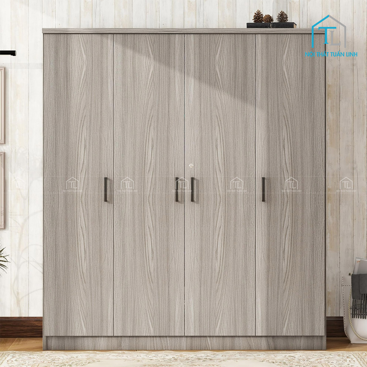 Thiết kế tủ quần áo 4 cánh hiện đại, màu xám vân gỗ trang nhã