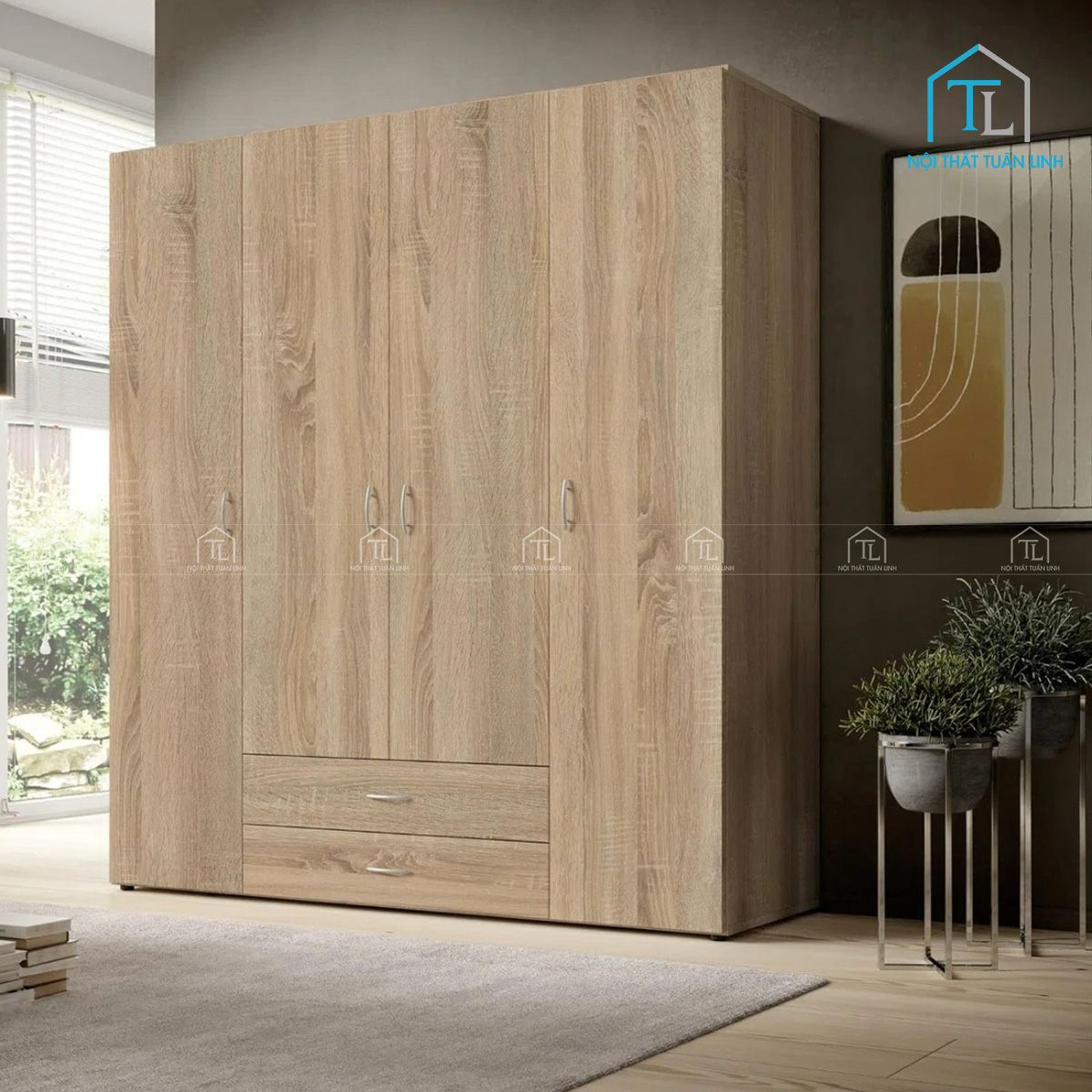 Thiết kế tủ quần áo 4 cánh hiện đại, kiểu dáng gọn gàng