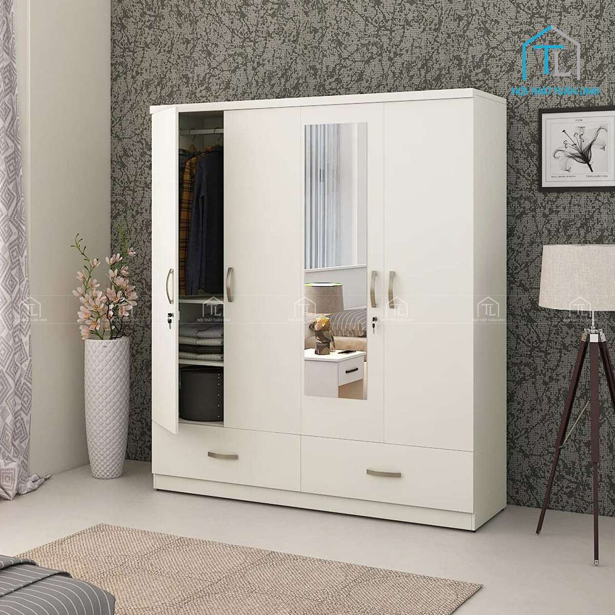 Tủ quần áo 4 cánh màu trắng hiện đại