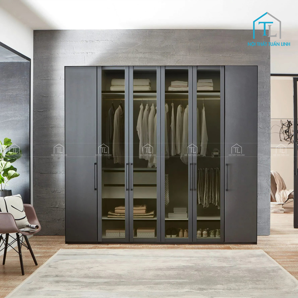Thiết kế tủ quần áo 6 cánh kính phong cách hiện đại, sang trọng