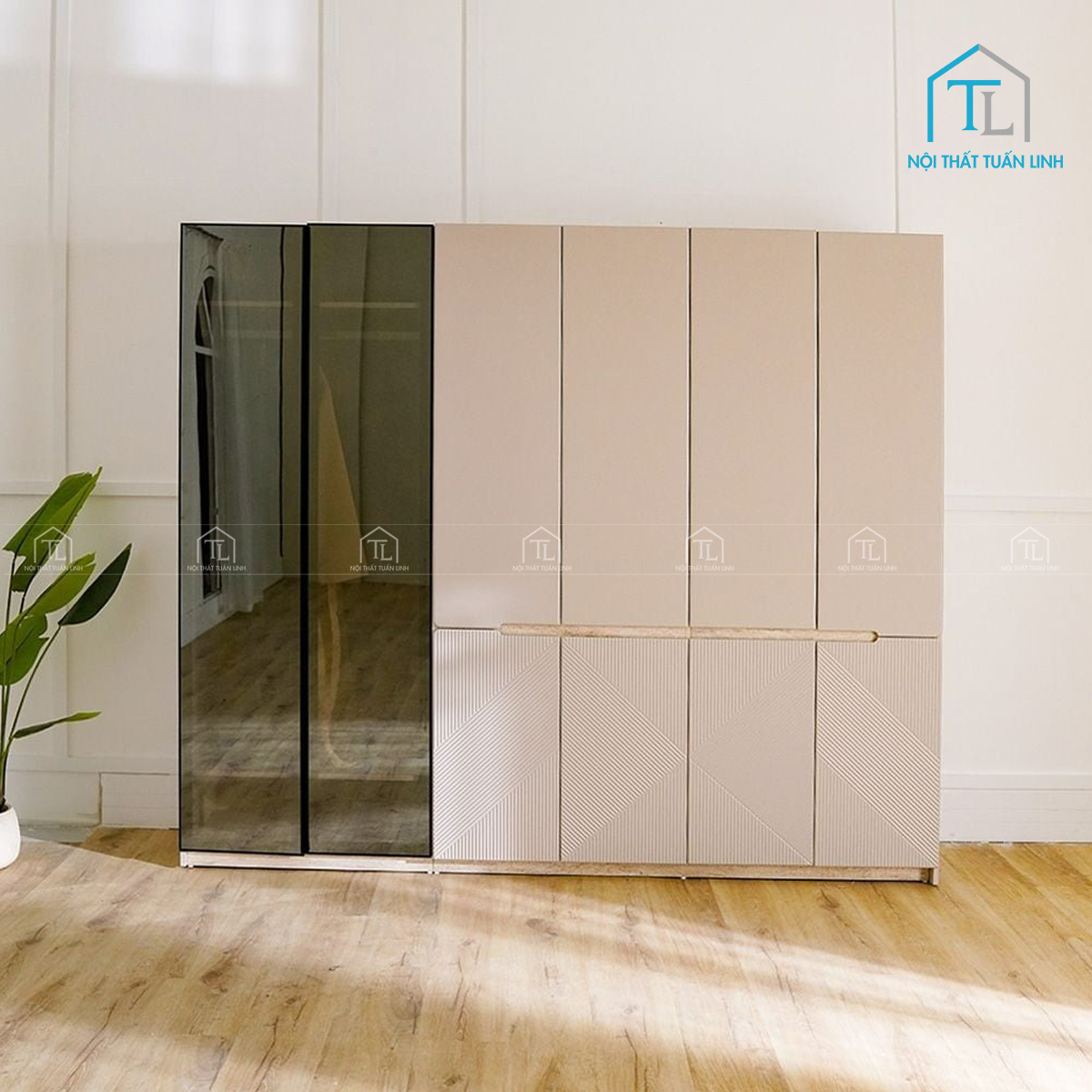 Tủ quần áo 6 cánh thiết kế hiện đại, gam màu be sang trọng
