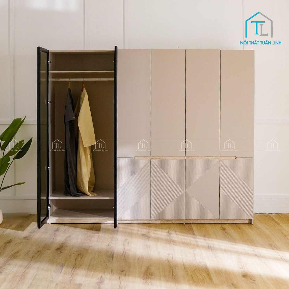 Kết hợp cánh gỗ MDF và cánh kính cường lực tinh tế
