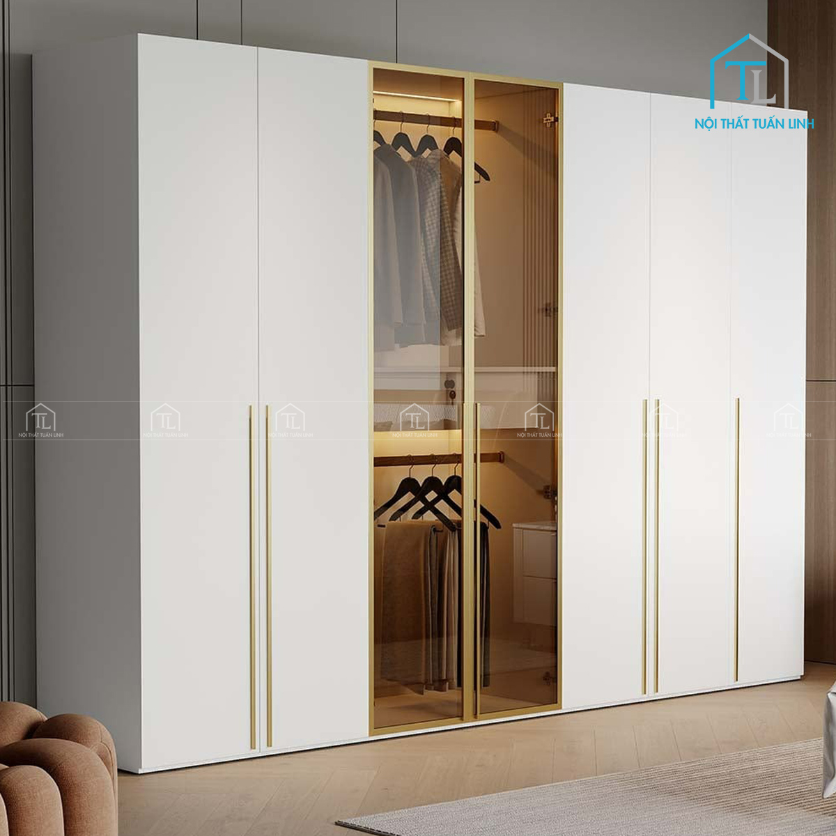 Thiết kế tủ quần áo cánh kính màu trắng viền vàng sang trọng, hiện đại