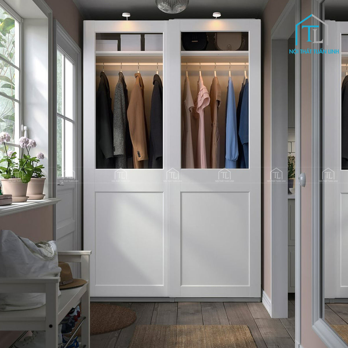 Tủ quần áo cánh trượt kính trắng thiết kế hiện đại