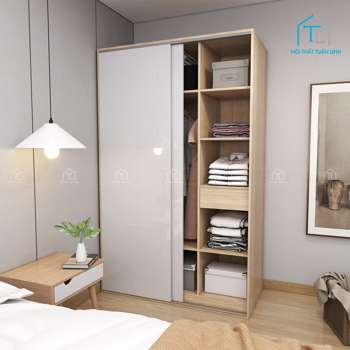 Cánh tủ trắng bóng mang lại vẻ đẹp hiện đại, tinh tế.