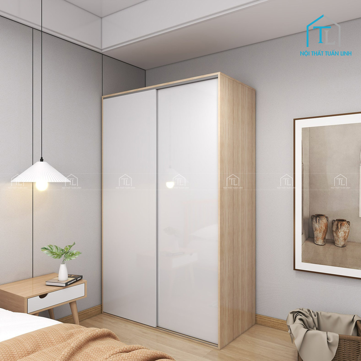 Thân tủ vân sồi tạo cảm giác ấm áp cho phòng ngủ