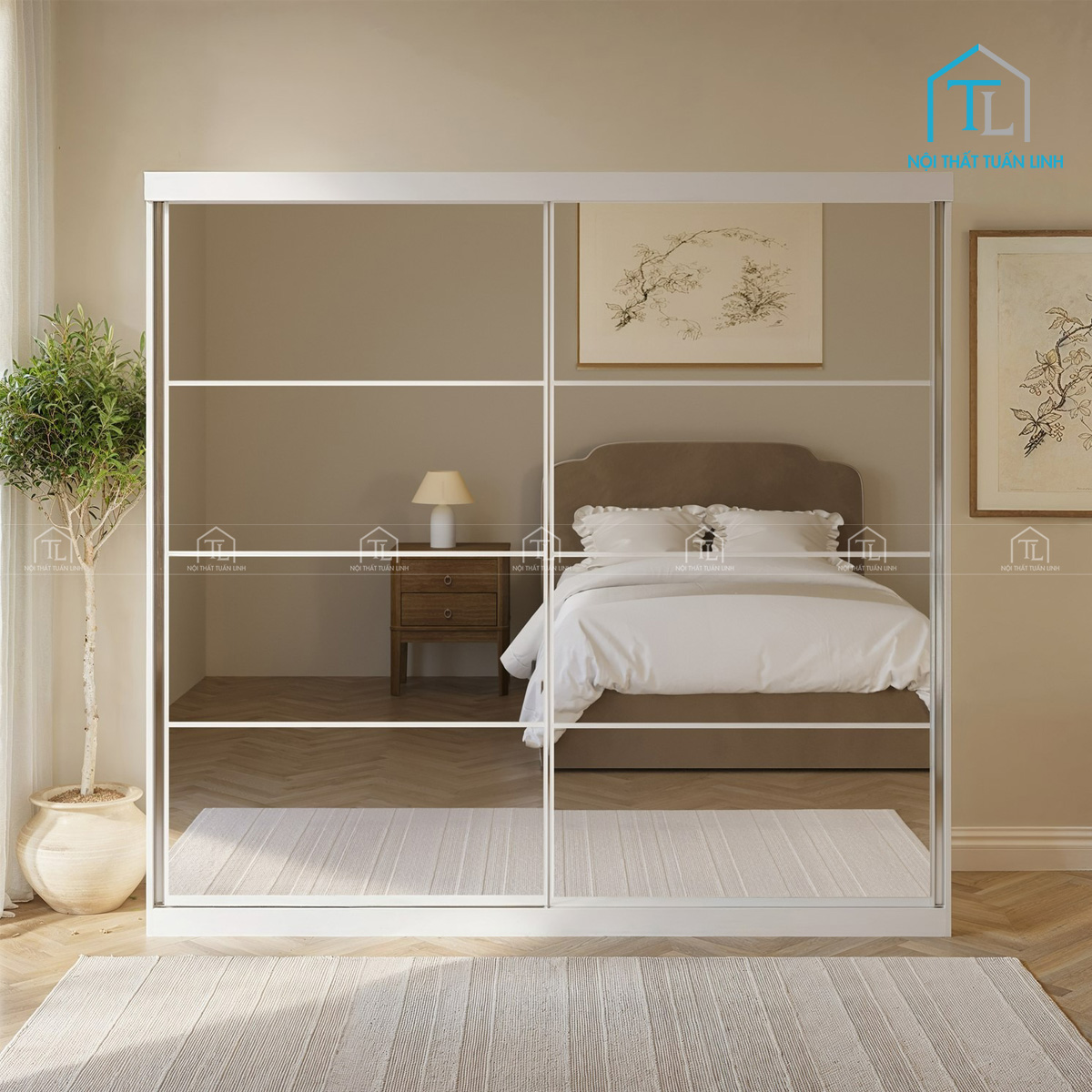 Tủ quần áo cửa lùa gương 2 cánh màu trắng