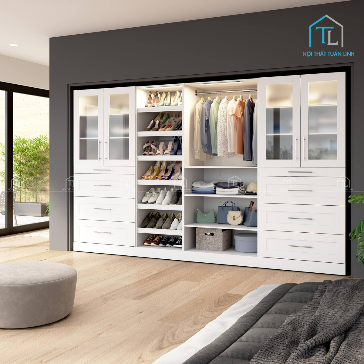 Tủ quần áo gam màu trắng thiết kế hiện đại