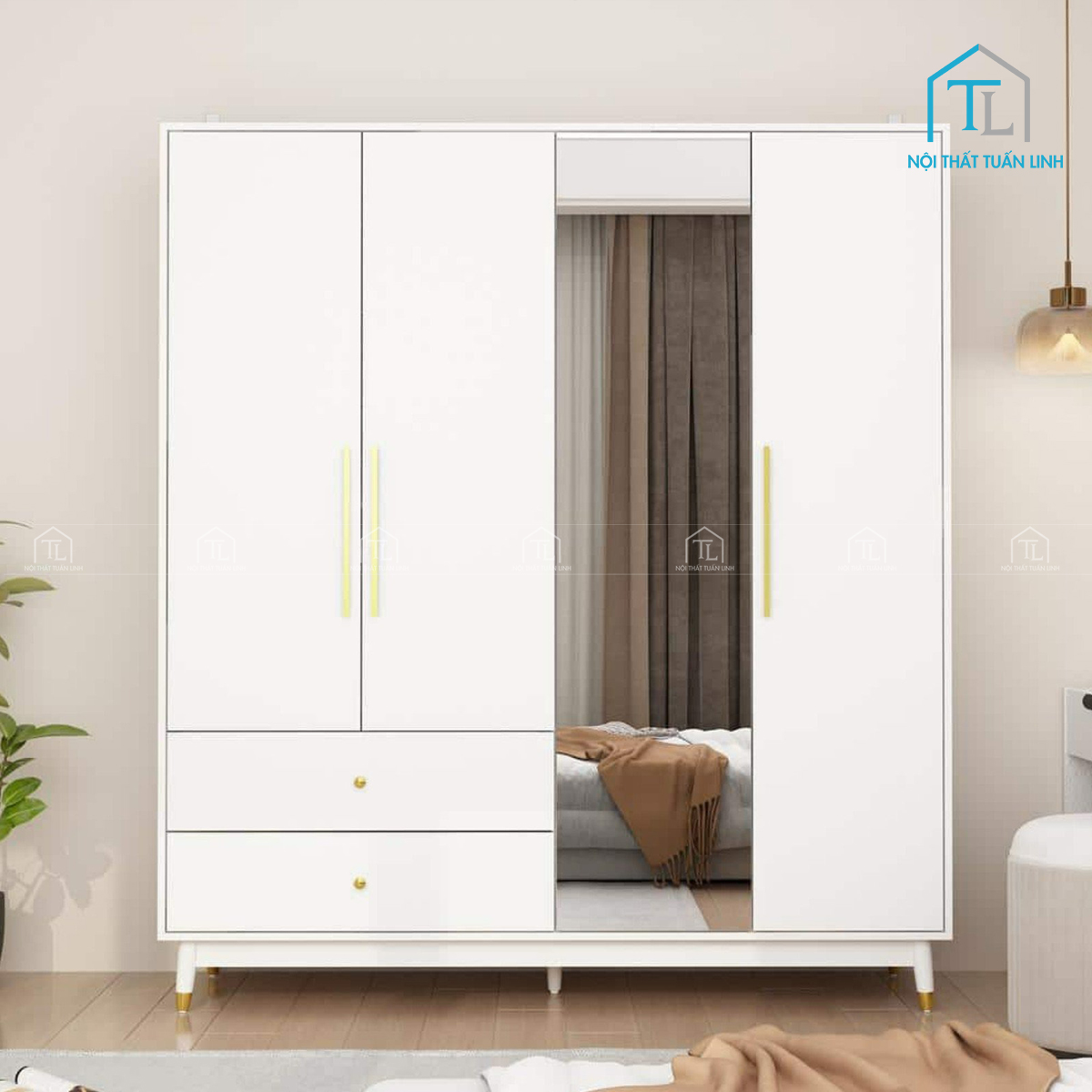 Thiết kế tủ màu trắng hiện đại, dễ dàng phối hợp với nhiều không gian phòng ngủ