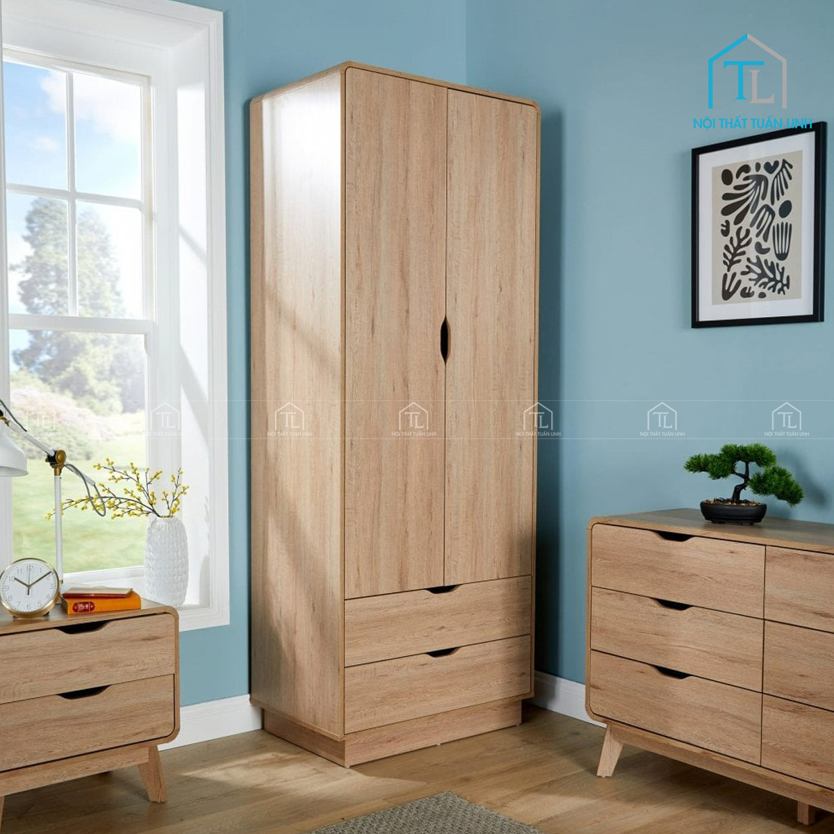 Tủ quần áo MDF 2 cánh phong cách rustic tối giản