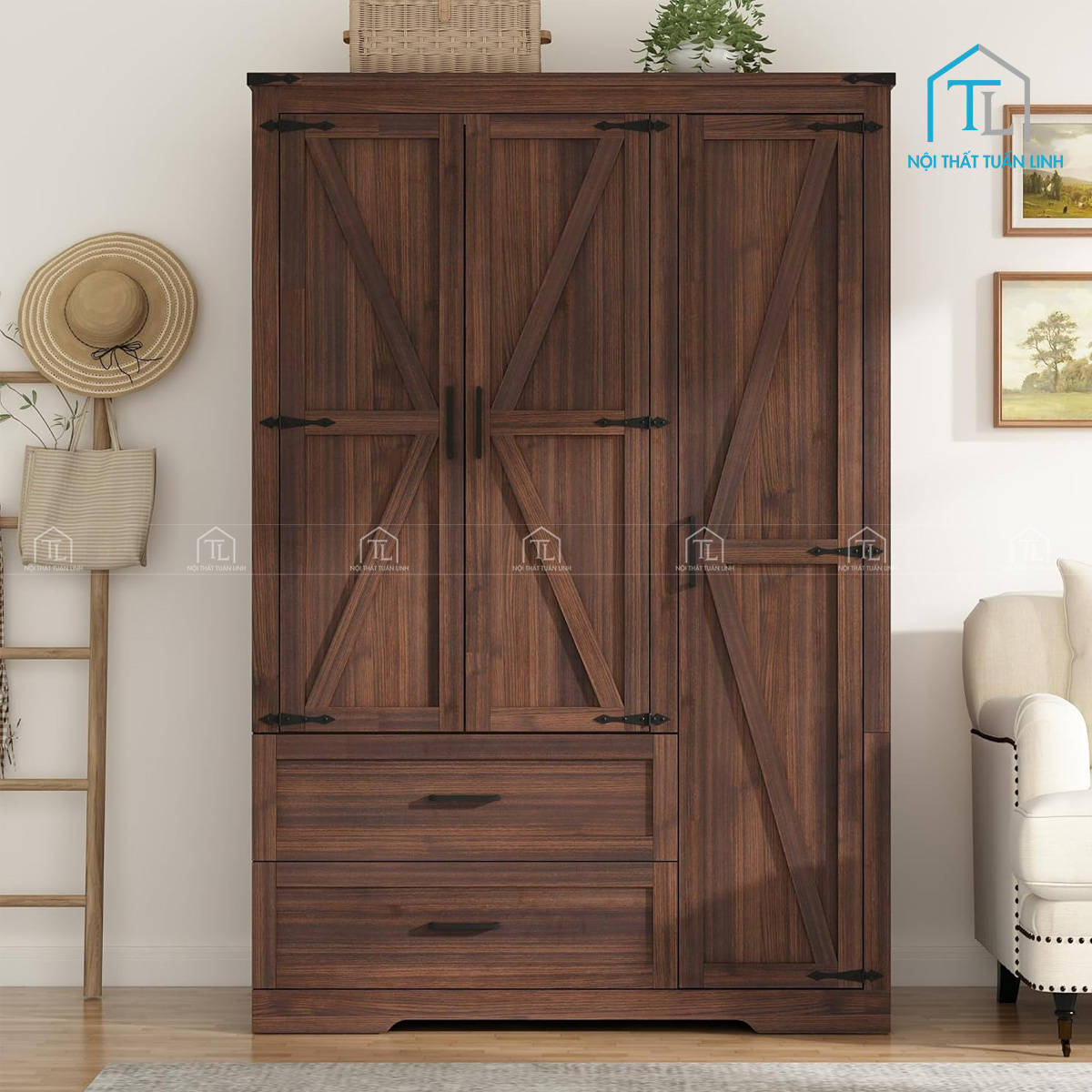 Thiết kế tủ 3 cánh phong cách mộc mạc ấm áp