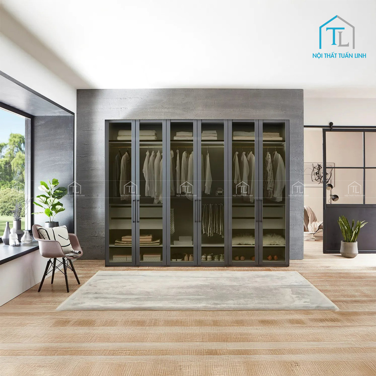 Tủ quần áo 6 cánh kính đen khói thiết kế hiện đại, sang trọng