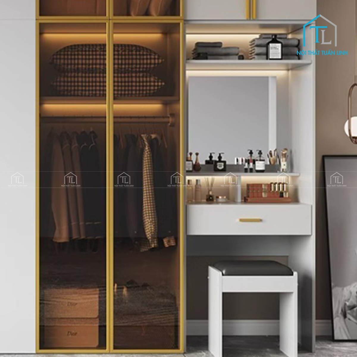 Tủ quần áo MDF liền bàn trang điểm hiện đại